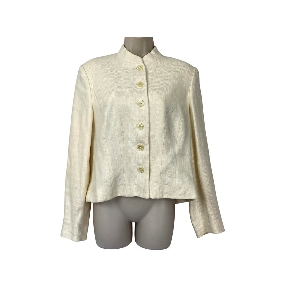 Ralph Lauren Linen Blazer Jacket Womens 12 Beige Herringbone Classic Minimal LRL